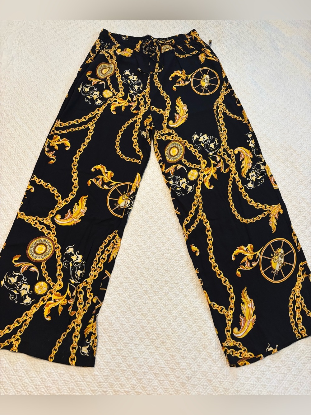 Elegant Black Wide-Leg Chain Print Pants Gold Accents Drawstring Women’s XL